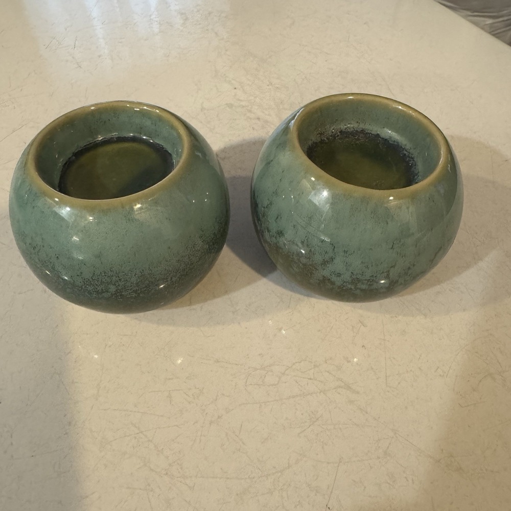 Stoneware Candle Holders Blue Green Ombre 2pc Minimalist, Eclectic Masculine MCM